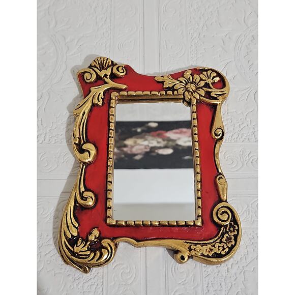 Vintage Red and Gold Ornate Accent Mirror Wall Hanging Scroll Accent Floral - Picture 7 of 13